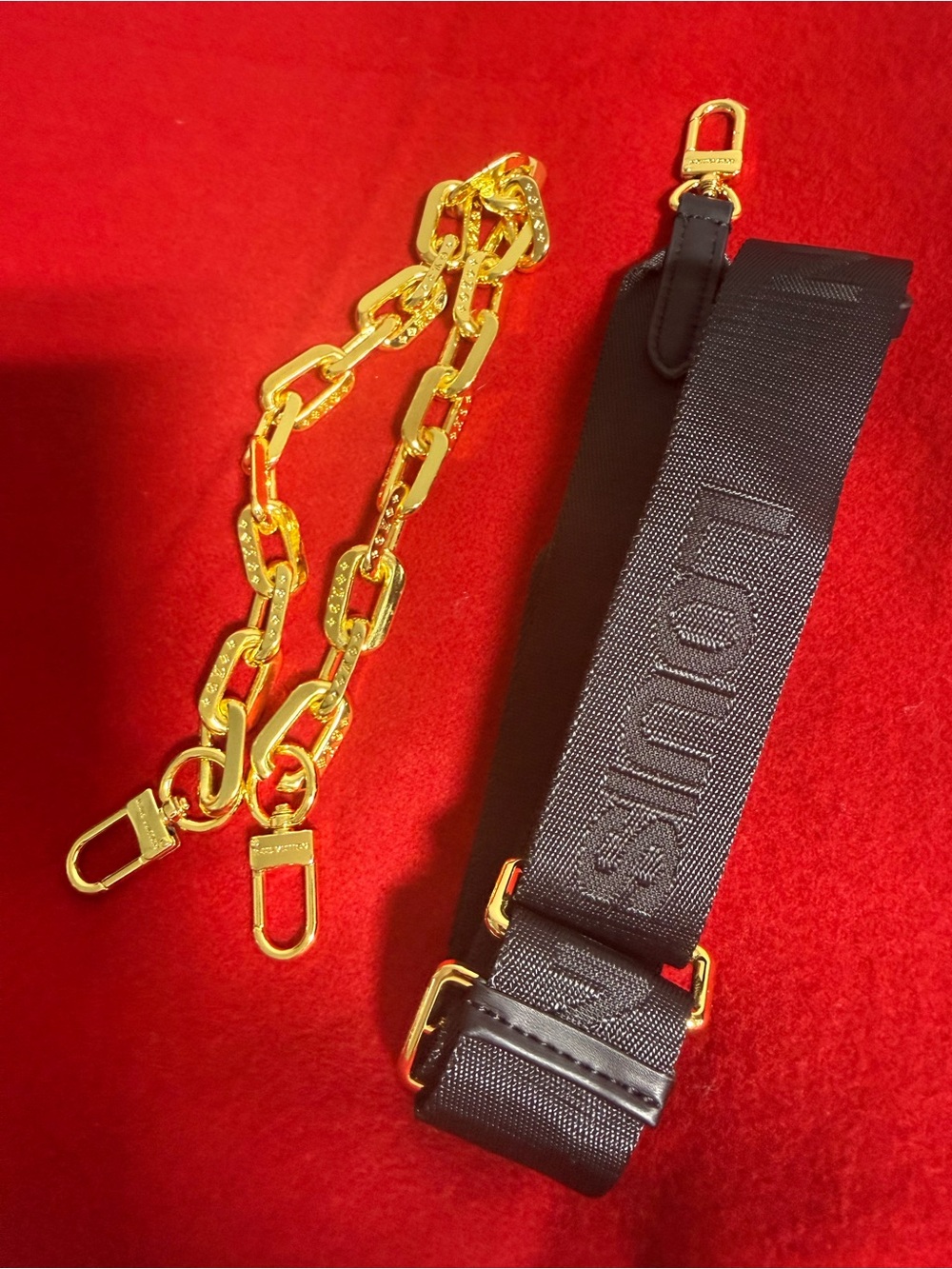 LVBlack Embossed Monogram Leather Pouch with Gold Hardware and shoulder straps - Picture 9 of 10